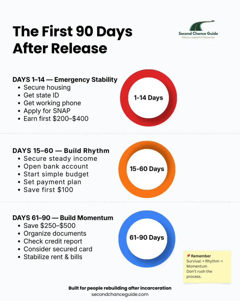 Infographic showing a 90-day reentry plan with priorities for housing, income, budgeting, and credit after release. .