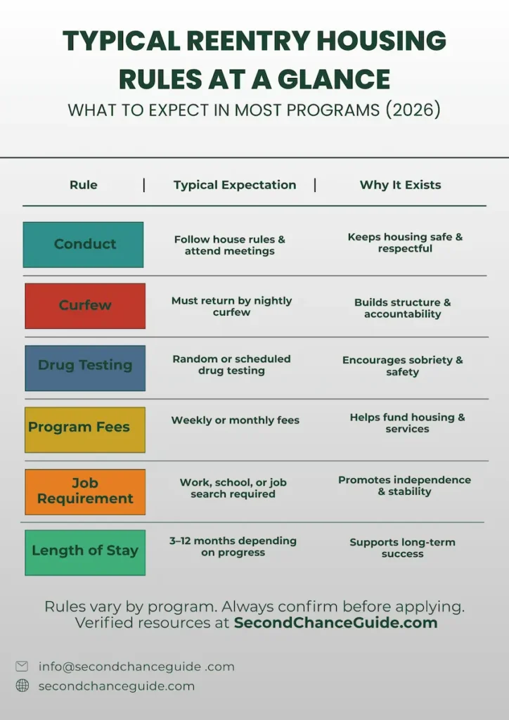 Infographic showing typical reentry housing rules in 2026, including curfew, drug testing, fees, job requirements, conduct rules, and length of stay