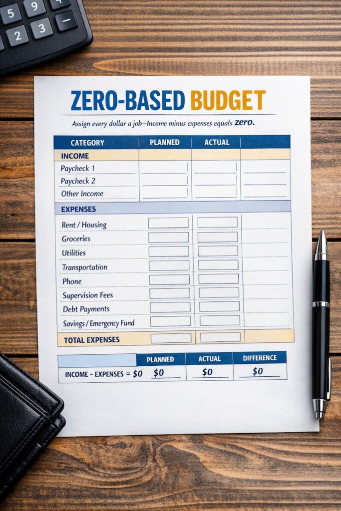 Zero-based budget worksheet showing income and expenses assigned to zero after release
