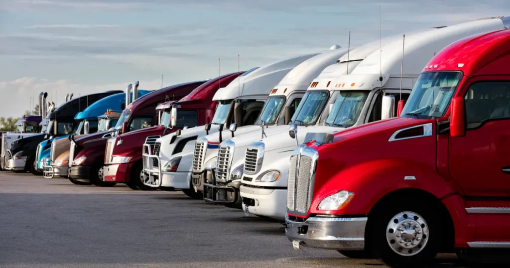 Row of colorful semi trucks lined up in a truck yard representing multiple trucking companies