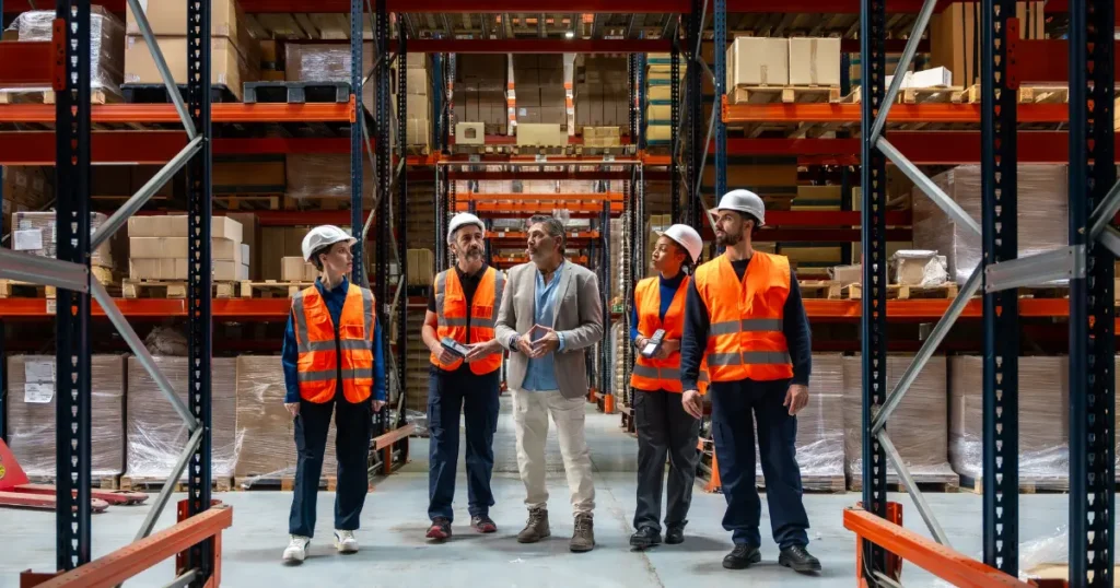 Diverse group of warehouse workers in orange safety vests and hard hats standing in a large warehouse with tall shelving