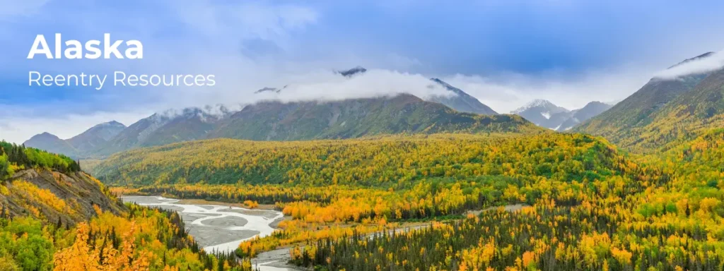 Alaska reentry resources banner with mountains forest and river landscape
