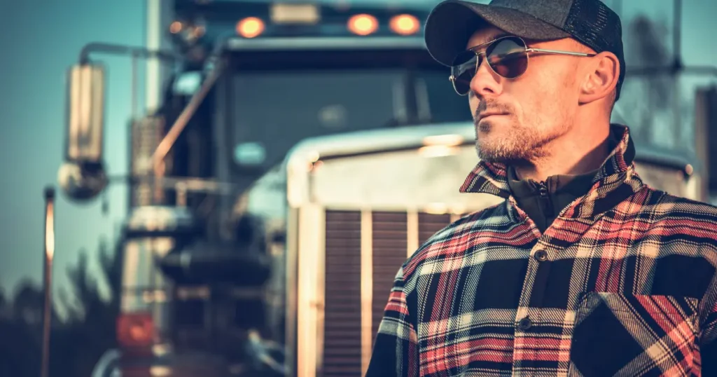 CDL truck driver standing in front of semi truck representing career opportunities through CDL training financing for people with felony records
