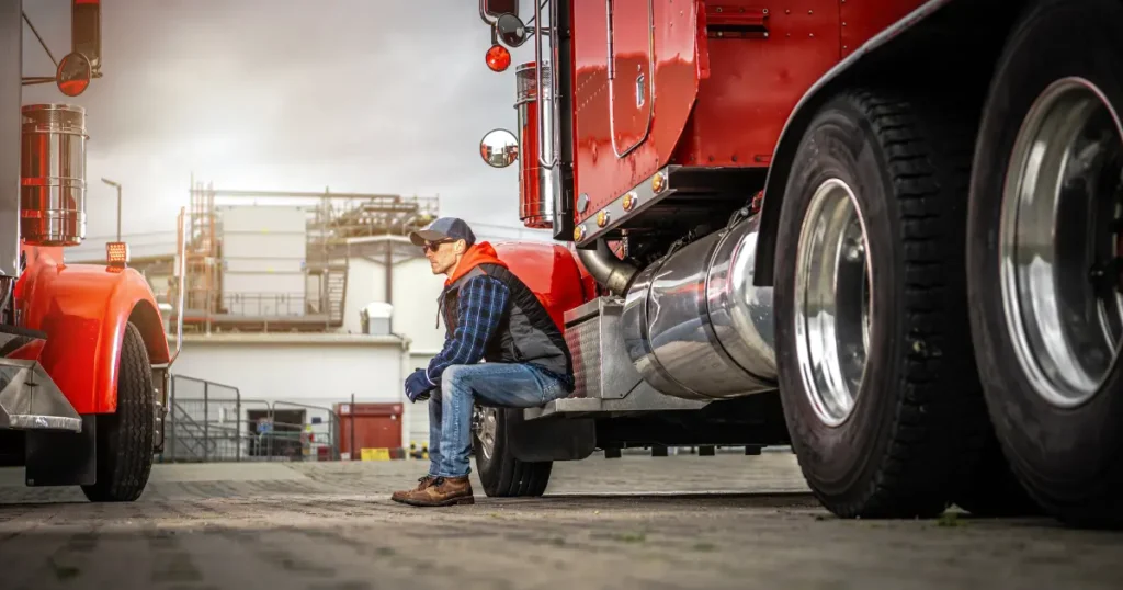 Truck driver sitting on the step of a red semi truck at an industrial yard