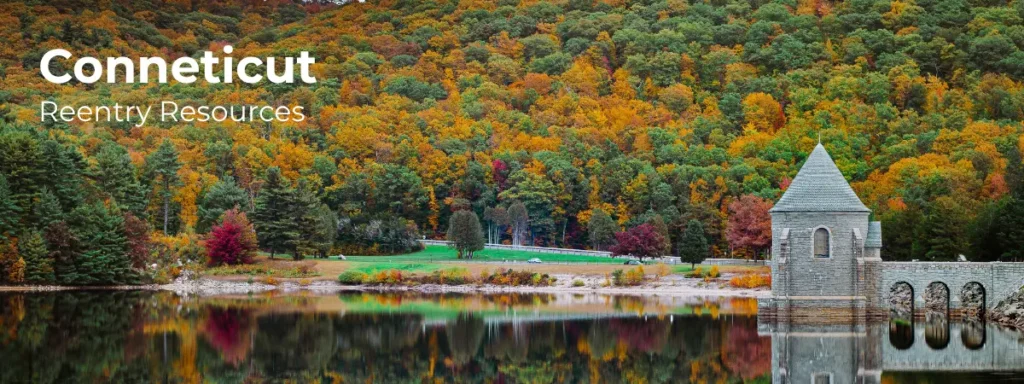 Connecticut reentry resources banner with lake and autumn forest landscape