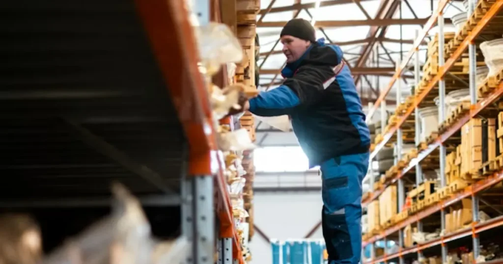 Warehouse worker in a blue work suit retrieving items from high shelving in a large industrial warehouse