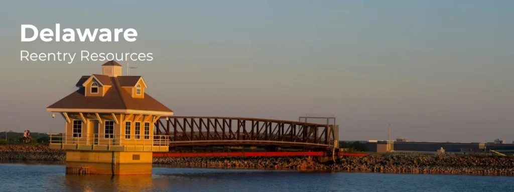 Delaware reentry resources banner with waterfront building and pier