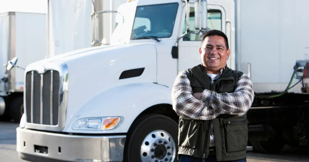 Smiling truck driver standing with arms crossed in front of a white semi truck at a truck yard