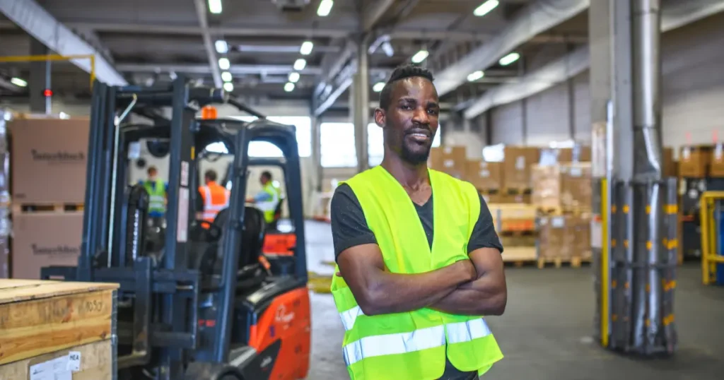 Black warehouse worker in a yellow safety vest standing with arms crossed in front of a forklift in a large warehouse