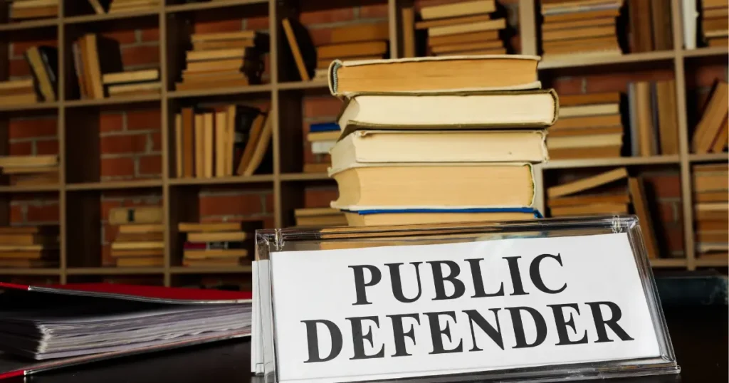 Public Defender nameplate on a desk with stacked law books and a bookshelf in the background