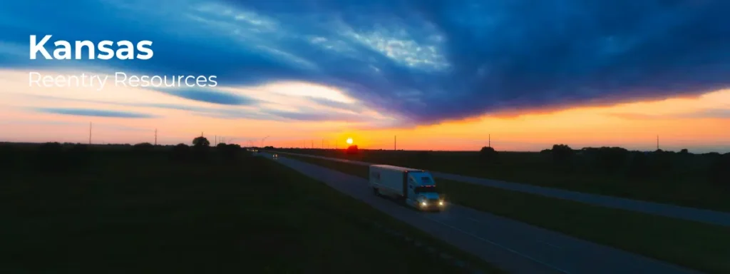 Kansas reentry resources banner with highway and open plains at sunset