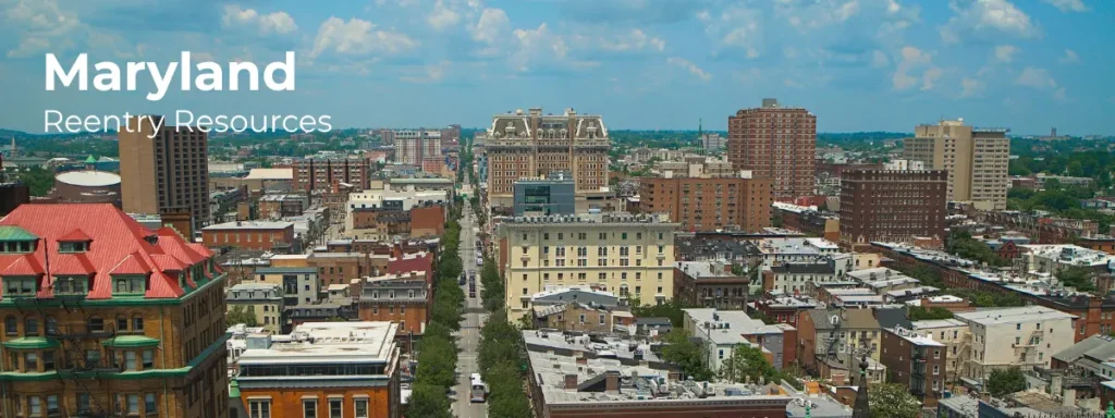 Maryland reentry resources banner with city skyline and urban landscape