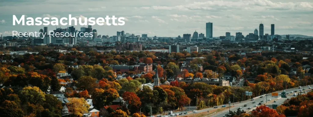 Massachusetts reentry resources banner with city skyline and autumn landscape
