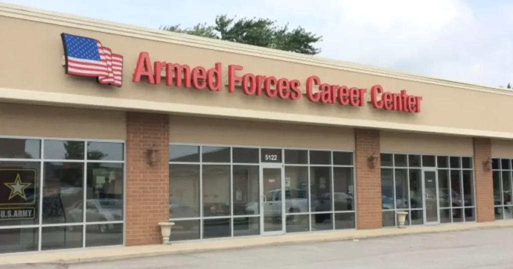Armed Forces Career Center exterior — military recruitment office for enlistment and waiver information