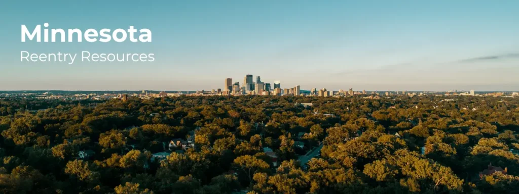 Minnesota reentry resources banner with city skyline and forest landscape