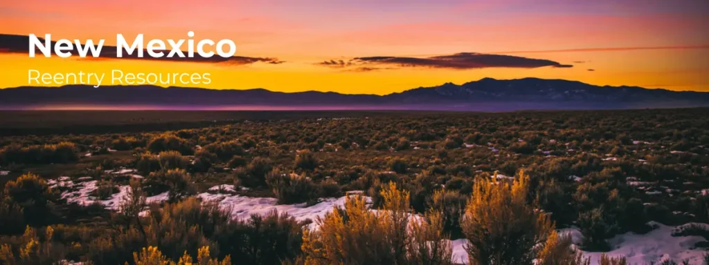 New Mexico reentry resources banner with desert landscape and mountains at sunset
