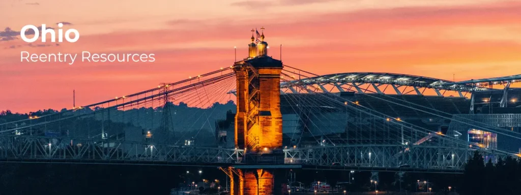 Ohio reentry resources banner with illuminated suspension bridge at sunset