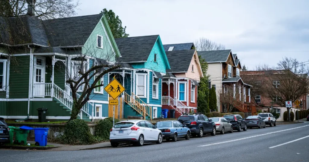 Row of colorful Victorian houses along a residential street with parked cars