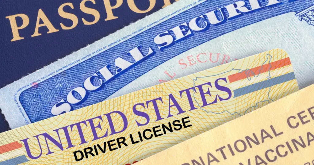 US identity documents fanned out including passport, social security card, driver's license, and vaccination certificate