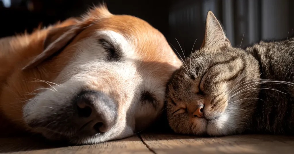 Dog and cat sleeping side by side on a wooden floor