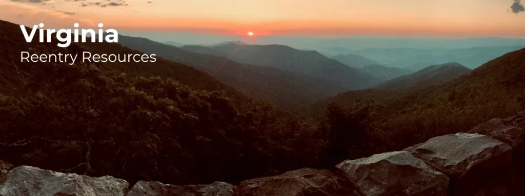 Virginia reentry resources banner with mountain landscape at sunset