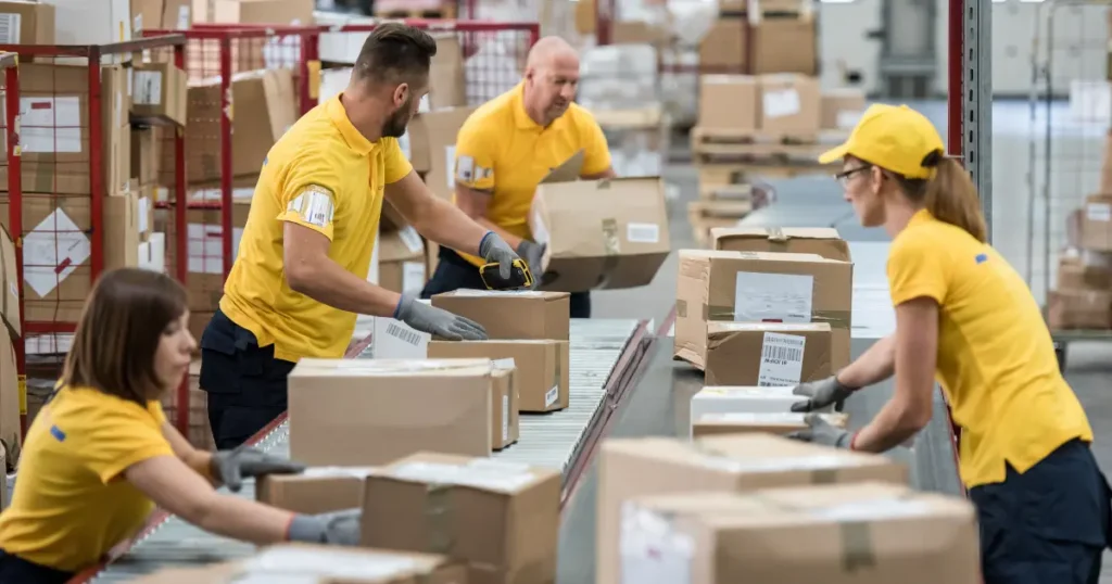 Team of warehouse workers in yellow uniforms sorting and handling packages on a conveyor belt