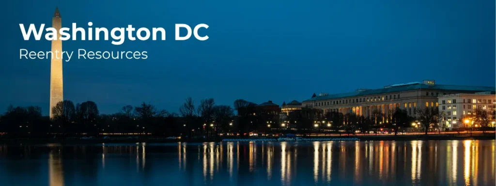 Washington DC reentry resources banner with Washington Monument and city lights at night