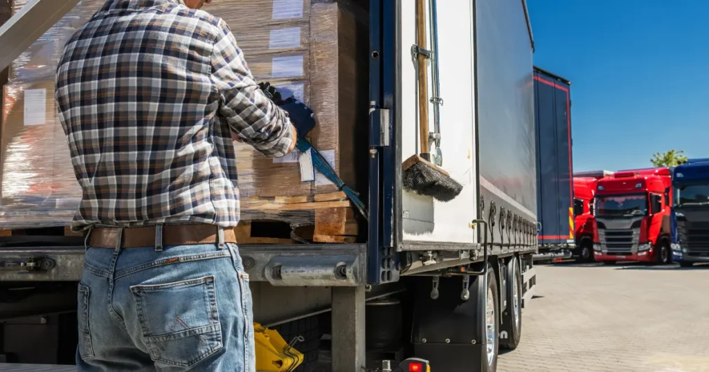 Worker securing cargo at the rear of a semi trailer in a truck yard with multiple trucks in the background