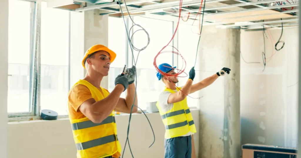Two construction workers in yellow safety vests and hard hats running electrical wiring in an unfinished building