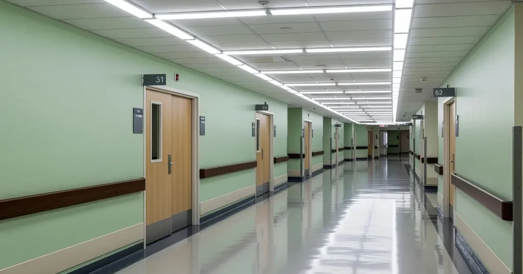 Empty clinical hospital corridor with numbered room doors and fluorescent lighting