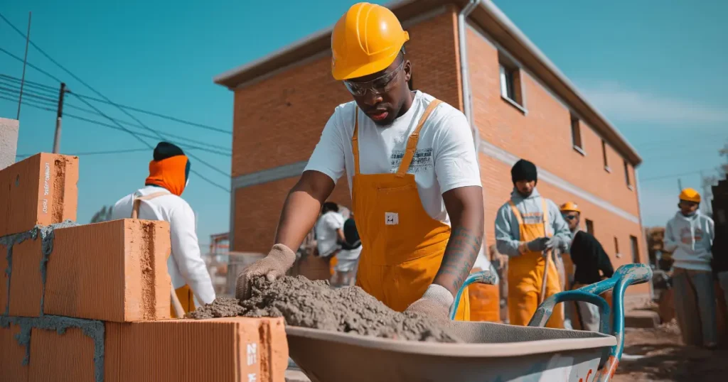 Black construction worker in a yellow hard hat and overalls shoveling mortar beside a brick wall with a team working in the background