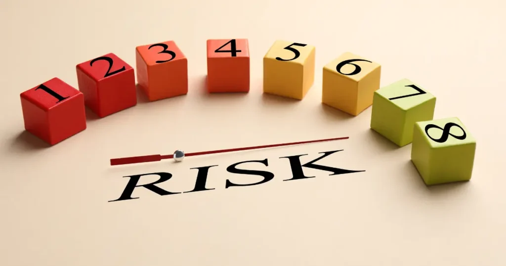 Numbered colored blocks arranged in an arc above the word "Risk" on a plain surface